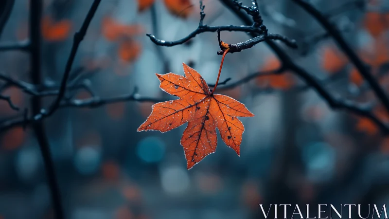 Last ember leaf suspended in a quiet blue hush.