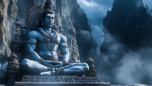 Mountain clouds cradle a colossal meditating blue deity