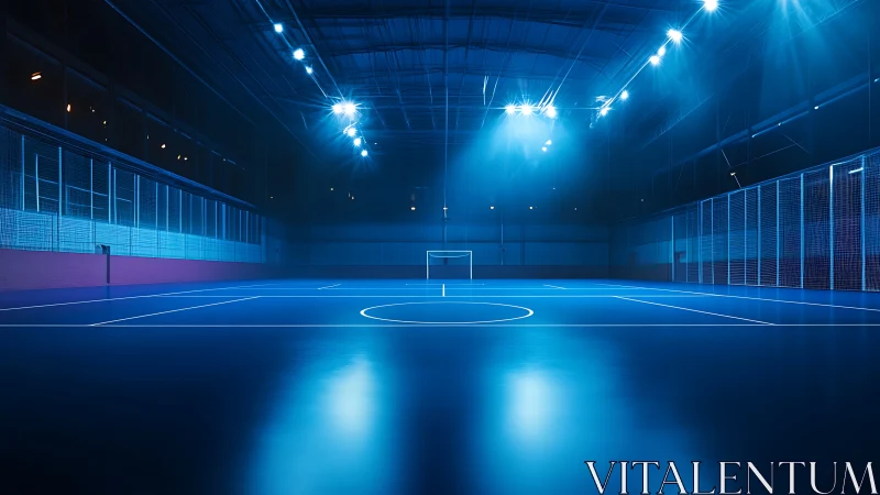 Bright indoor futsal court glows under atmospheric blue lights