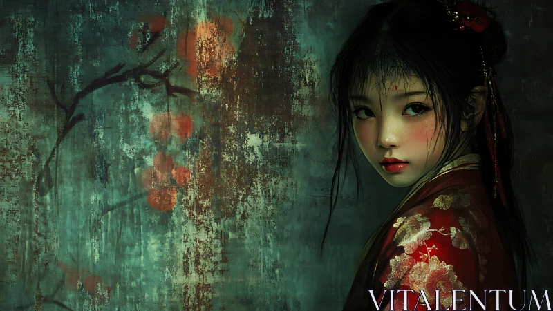 Digital portrait of girl in red kimono before teal wall.