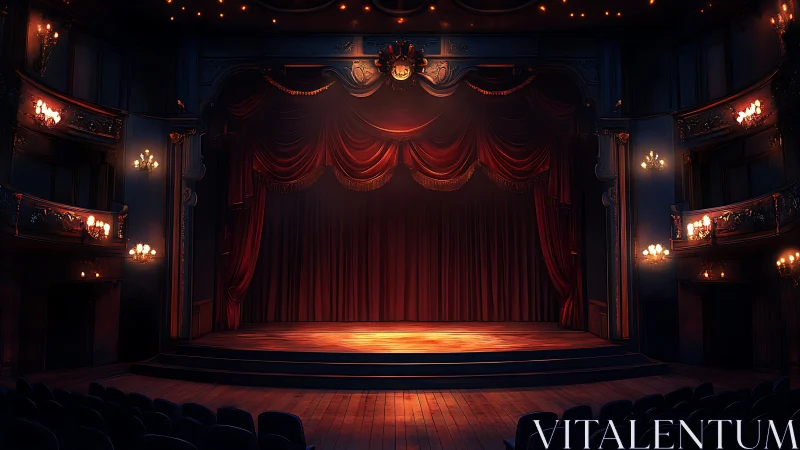Interior view shows closed red-curtained proscenium stage