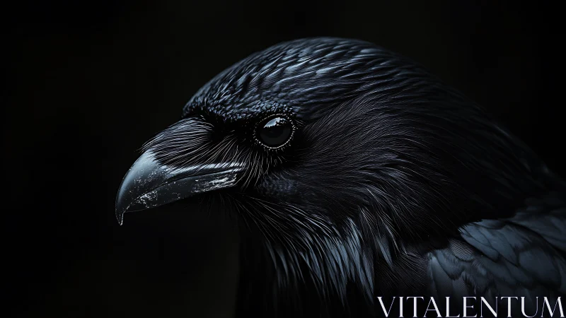 High-contrast raven portrait isolates iridescent plumage details