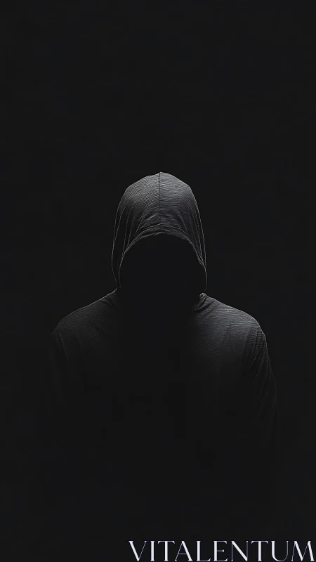Low‑key hooded figure rendered in deep negative space lighting