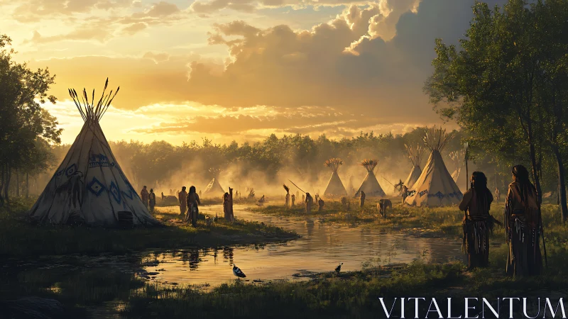 Sunlit riverside encampment with tipis and gathered people.