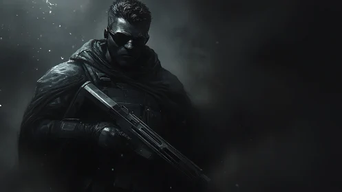 Stealth operative holds rifle in dense cinematic shadow.