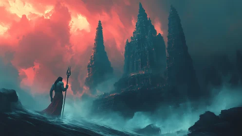 Stormlit warrior before towering temple spires at dusk.