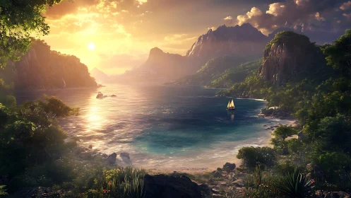 Golden Hour Fjord with Sailboat in Tropical Paradise