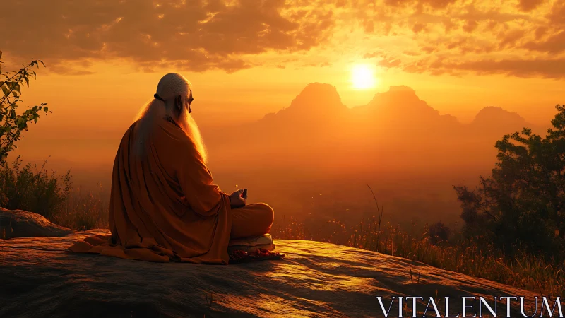 Sunset folds a meditating sage into molten mountain light