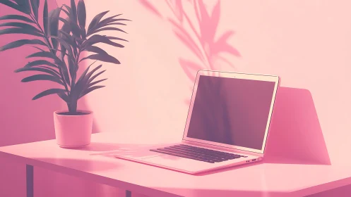 Laptop and potted plant on desk under monochrome pink light.