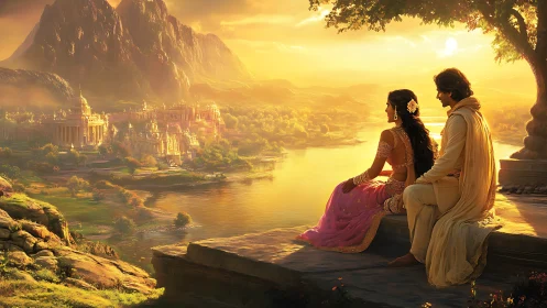 Golden-hour river kingdom with romantic couple in ornate attire