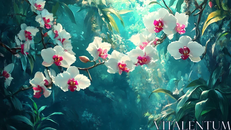 Gentle orchid canopy glowing in a dreamy jungle light.