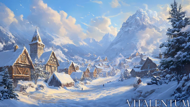 Digital painting of alpine village under luminous winter sky.