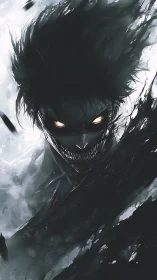 Shadowborn fiend emerging through swirling monochrome void.