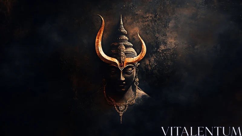 Bronze horned deity bust rendered with dramatic chiaroscuro lighting