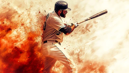 Baseball slugger explodes through impact in fiery motion art.