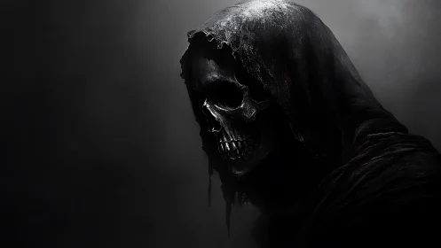 Hooded skeletal figure rendered in dark side profile lighting