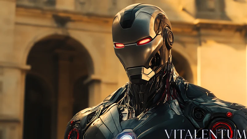 Armored humanoid robot stands outdoors in warm daylight