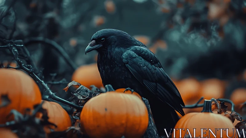 Black crow perched on branch amid orange pumpkins with moody atmospheric lighting