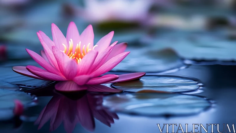Cerulean pond cradles luminous pink water lily in silence.