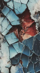 Shattered blue glass reveals rusted surface beneath shards.