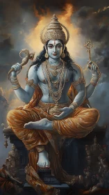 Divine blue deity meditates in golden celestial radiance