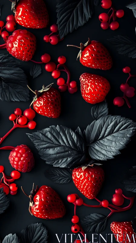 Strawberries and red berries on dark foliage background.