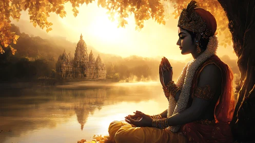Golden sunset meditation beside serene riverside temple.