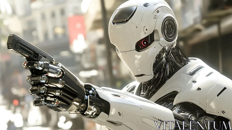 Photoreal 3D combat droid with weapon-focused urban framing.