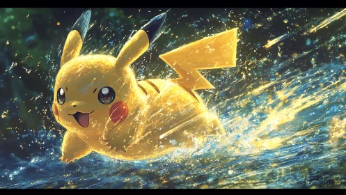 Electric creature sprints through luminous water spray.