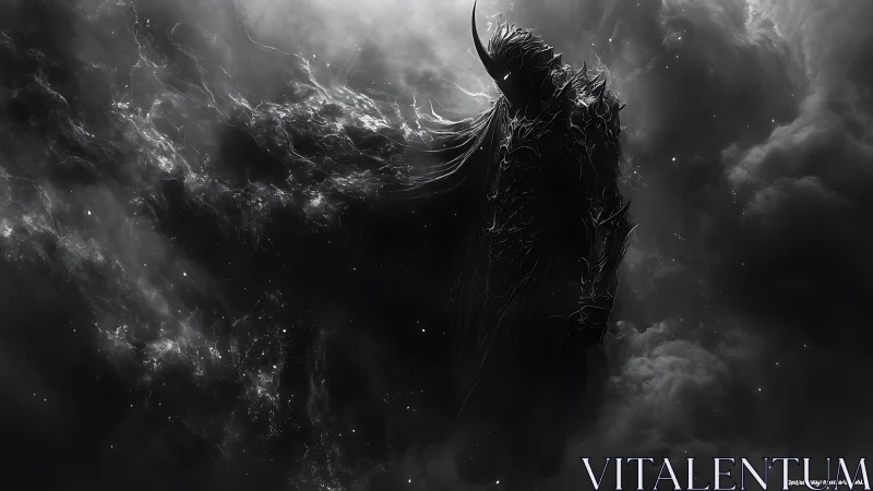 Shadowed armored figure rises calmly from swirling cosmic fog