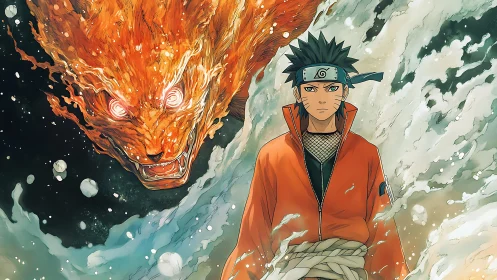 Chakra-ignited shinobi with looming vulpine energy construct.