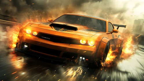 Orange performance coupe moves through stylized fire effects