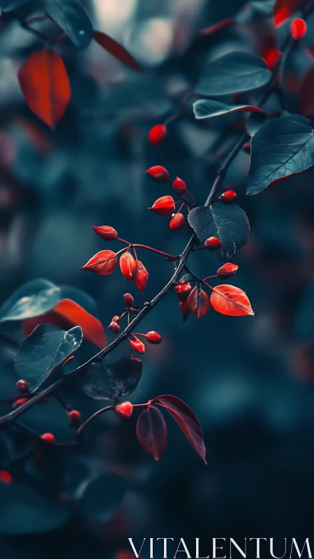 Macro telephoto study of red berries on blue-green foliage