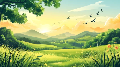 Layered sunlit valley landscape uses atmospheric depth cues precisely