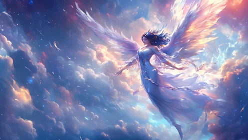 Radiant winged guardian drifting through glowing sunset skies.