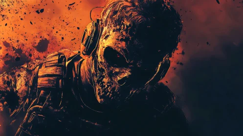 Ember skull operative stalking through a shrapnel-red storm.