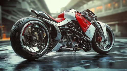 Futuristic red superbike dominates wet urban overpass.