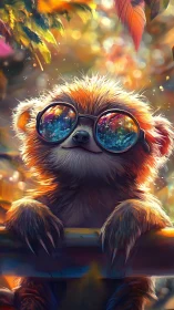 Sunny daydream sloth in rainbow-reflecting sunglasses.