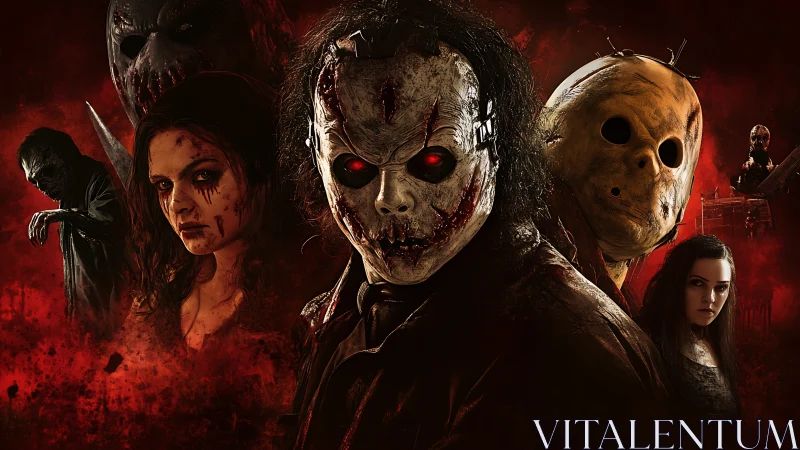 Masked figures in blood-red horror montage composition.