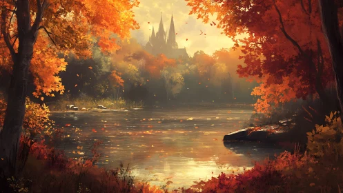 Medieval Castle in Autumn Forest at Golden Hour.