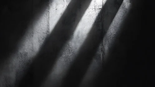 Oblique light beams on textured concrete wall surface.