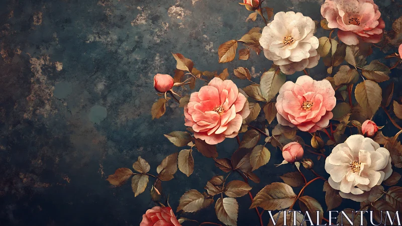 Antique Floral Arrangement Against Distressed Teal Wall Surface
