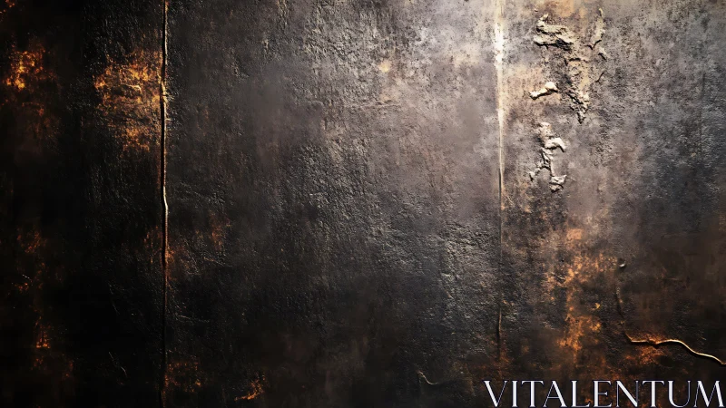 Textured dark metal surface with rusted streaks and cracks.