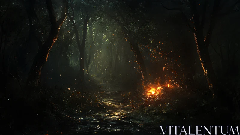 Enchanted Forest Path Illuminated by Mystical Fire