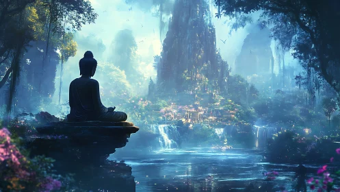 Meditating Buddha statue before glowing waterfall cityscape.
