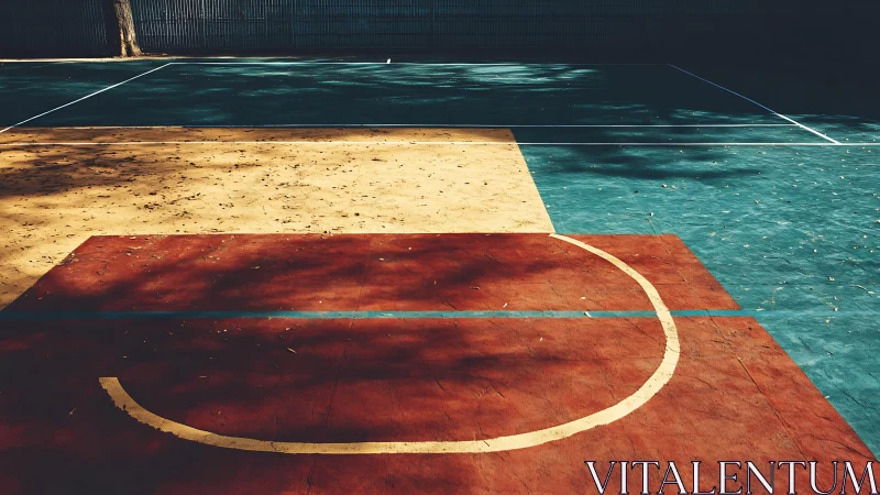 Painted outdoor court surface shows colored geometric zones