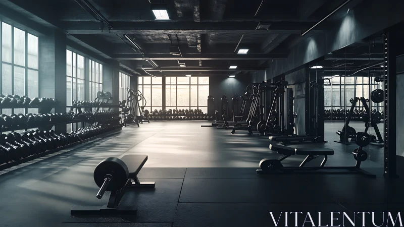 Modern empty weight training gym with machines and racks.