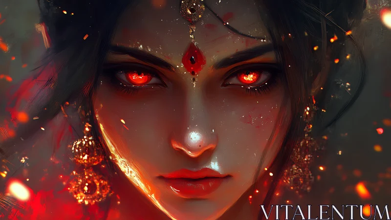 Fiery gaze of a mystical woman in glowing ember light.