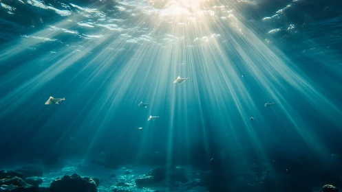 Volumetric sunbeams penetrate clear ocean water onto sparse reef