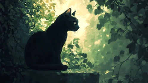 Obsidian Sentinel: A Black Cat's Emerald Forest Vigil.